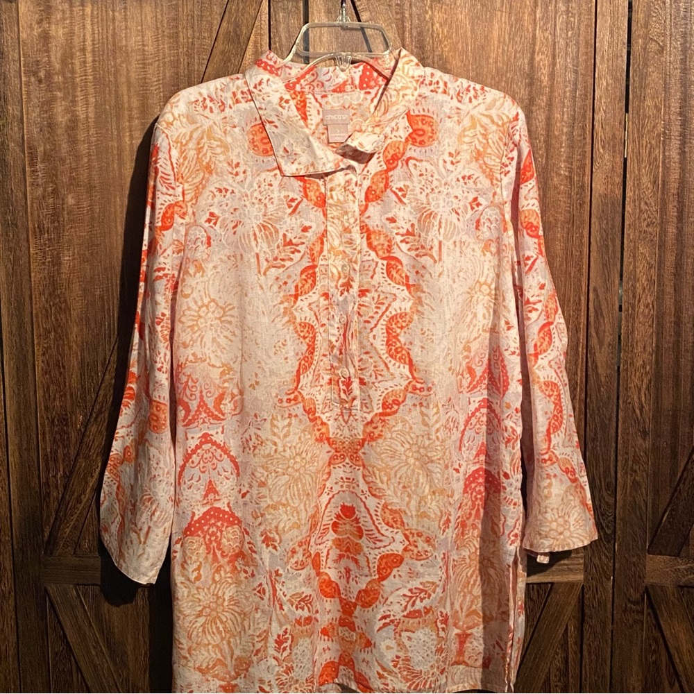 Chico's Orange and Cream Tunic Top 100% Linen